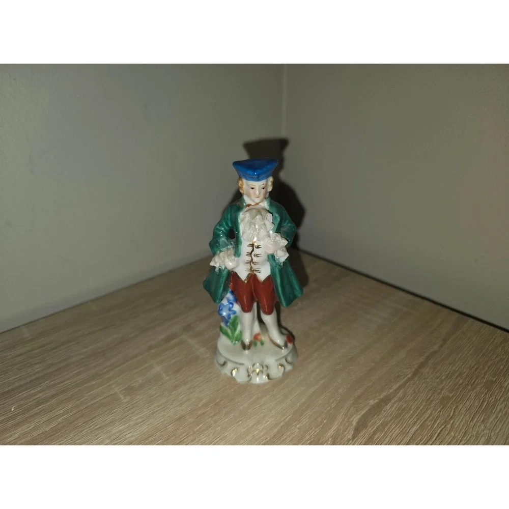 Vintage Occupied Japan Porcelain Gentleman Figurine Green Coat Blue Hat 1940s
